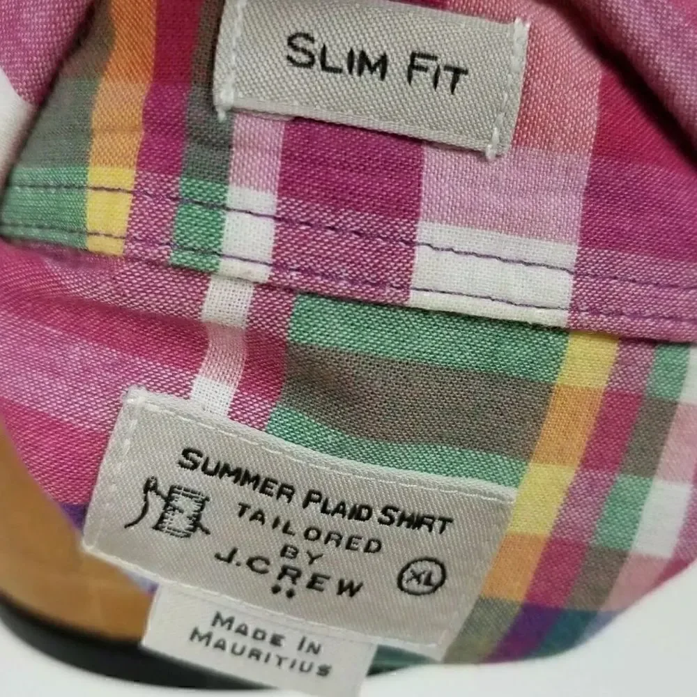 J. Crew Size XL Slim Fit Summer Plaid Button Down Shirt Pink Purple Green Blue